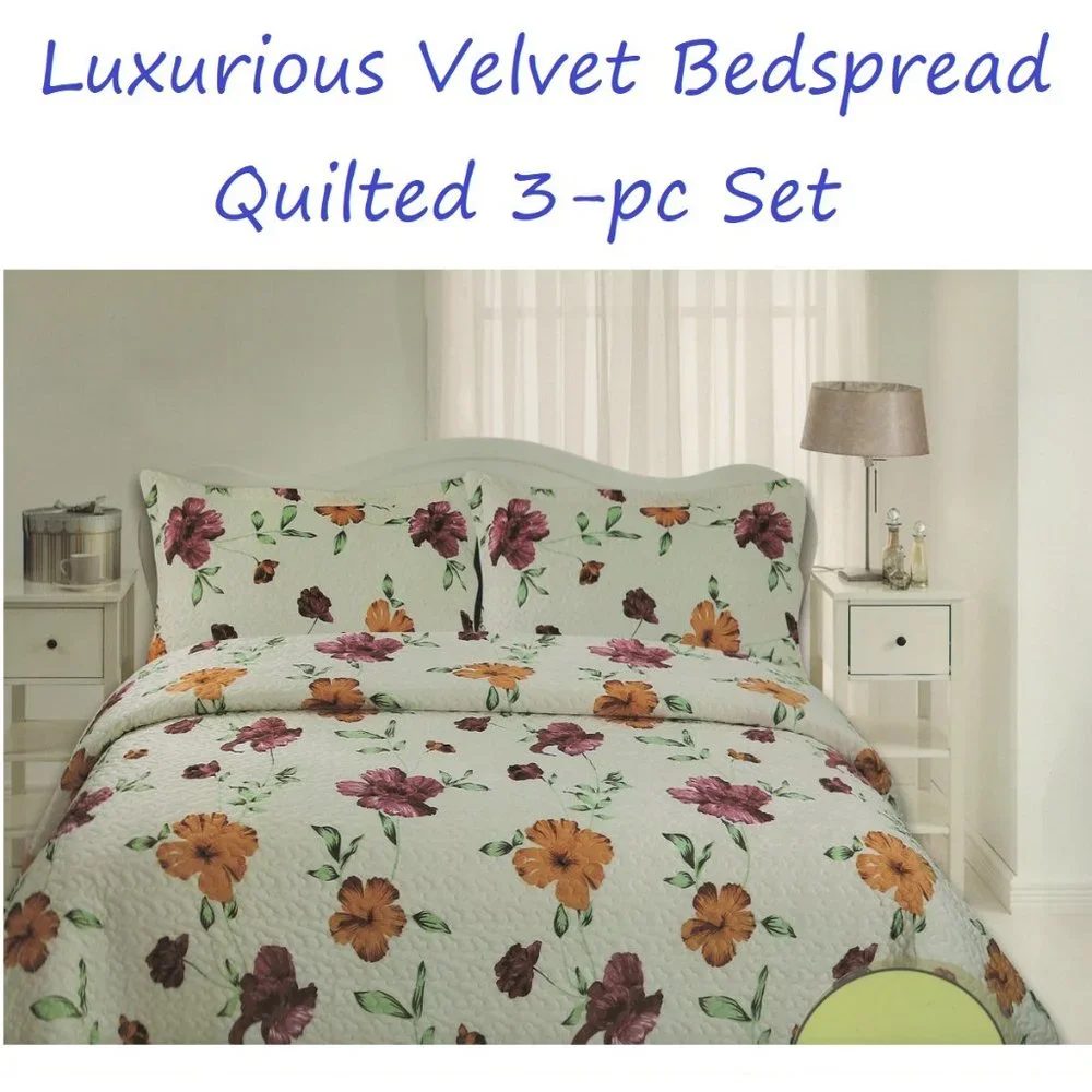 Floral Bedspread Set 3 Piece Quilt Set - Queen & King Size Luxury Velvet